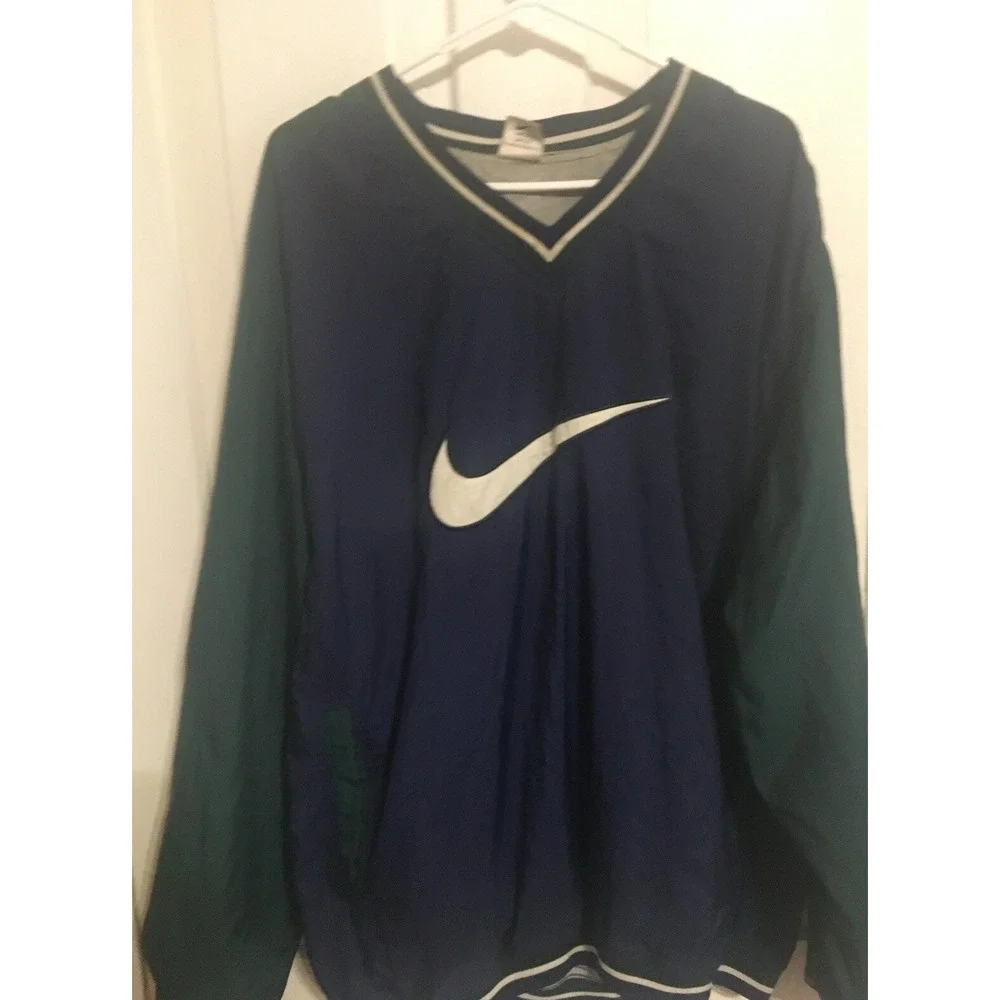 Nike Center Big Swoosh Vintage 90s Windbreaker Pullover Jacket Navy Blue Size XL